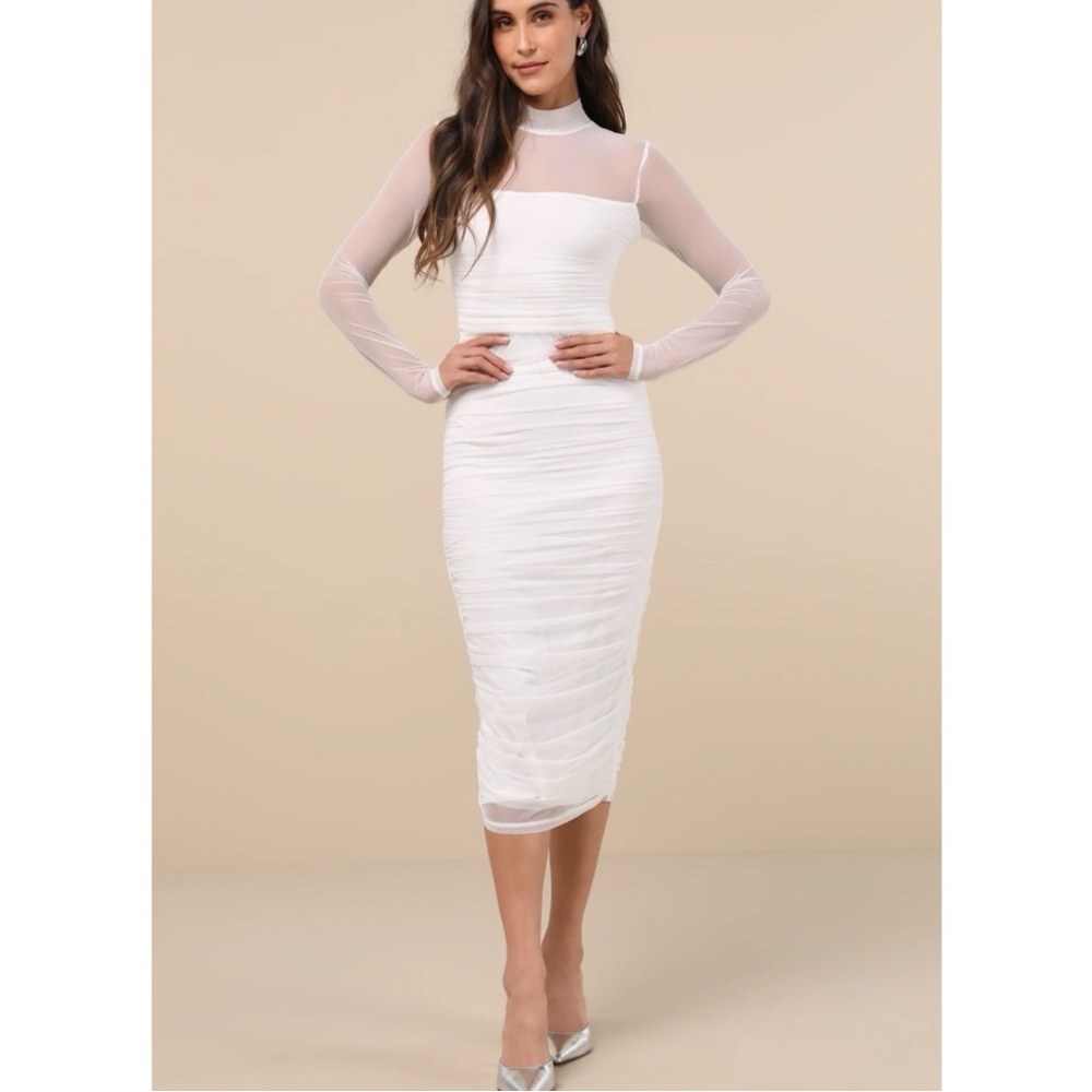 New W/Tags Lulus Elegant White Sheer Long Sleeve Fitted Midi Dress Sz Large